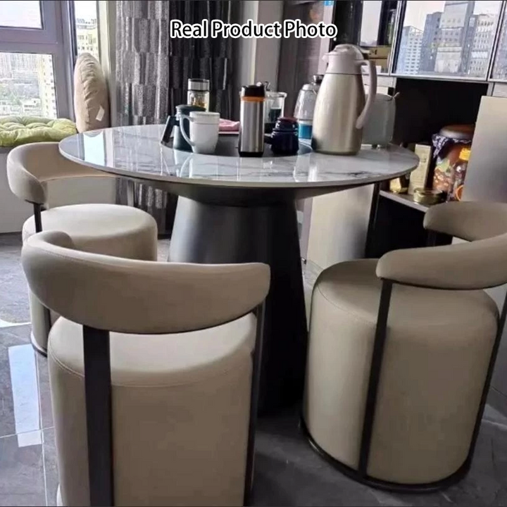 Taburete de tocador redondo con respaldo de esponja de acero inoxidable y cuero sintético de simplicidad moderna para dormitorio 