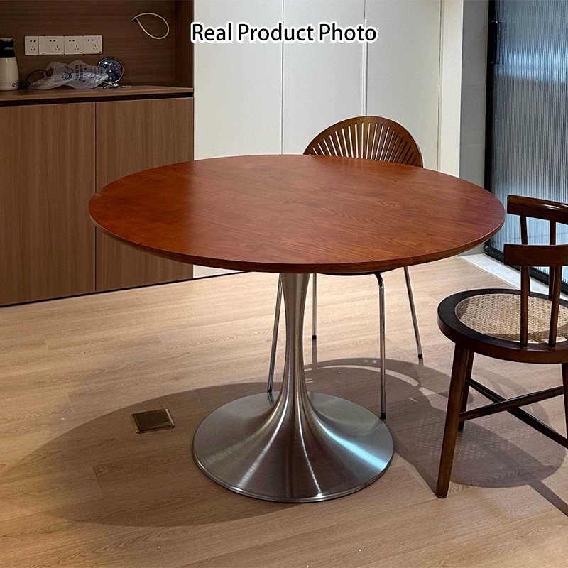 Contemporary Retro Rubberwood Round Dining Table With Stainless Steel Base For 3-5 Seats