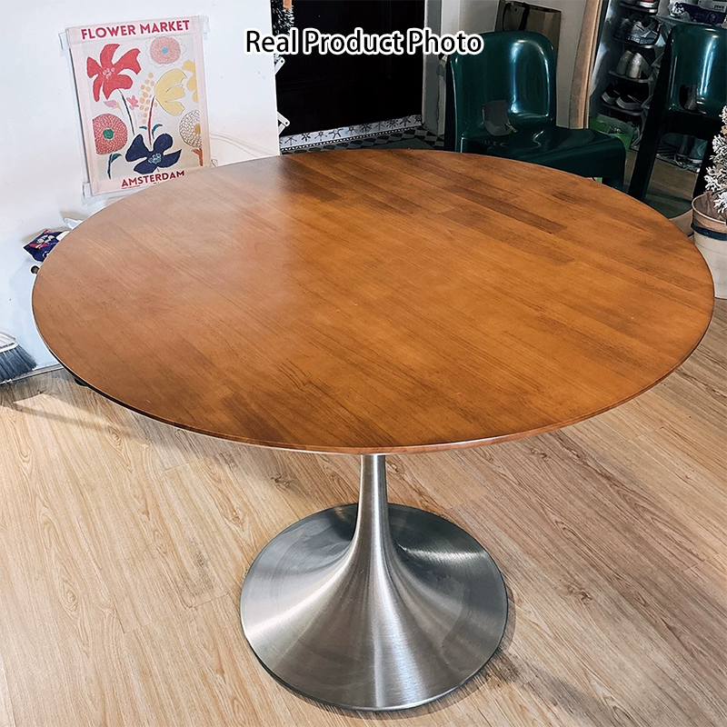 Contemporary Retro Rubberwood Round Dining Table With Stainless Steel Base For 3-5 Seats