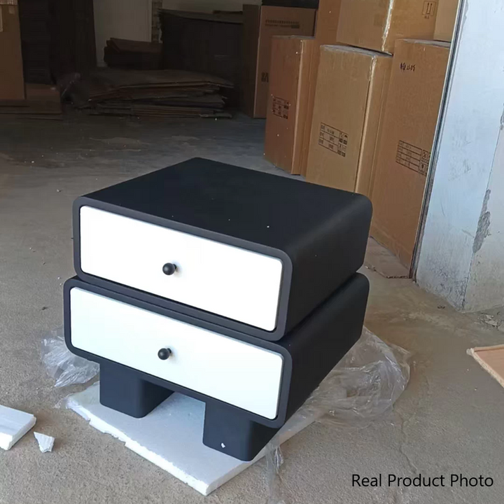 Table de nuit cylindrique empilée en bois massif avec cuir synthétique minimaliste moderne avec 2 tiroirs pour chambre 