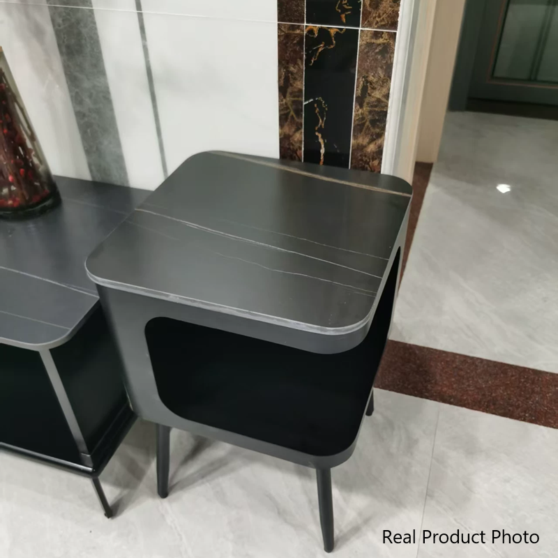 Contemporary Scandinavian Sintered Stone Iron Rounded Square Cylinder End Table With 2 Tiers For Living Room