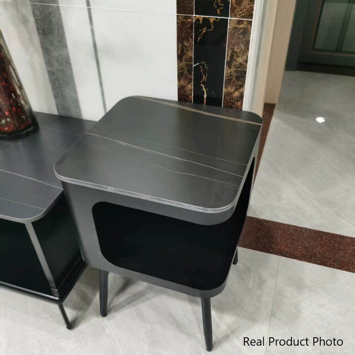 Contemporary Scandinavian Sintered Stone Iron Rounded Square Cylinder End Table With 2 Tiers For Living Room