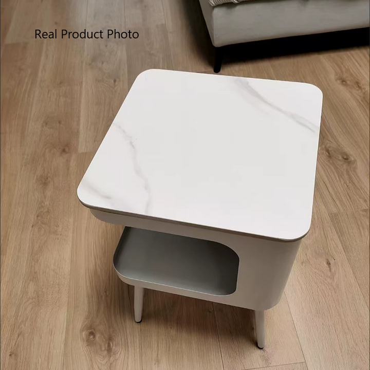 Contemporary Scandinavian Sintered Stone Iron Rounded Square Cylinder End Table With 2 Tiers For Living Room