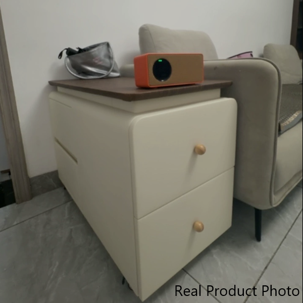 Contemporary Scandinavian Cat-Scratch-Resistant Leather Pine Wood Rounded Side Table With 4 Drawers For Living Room