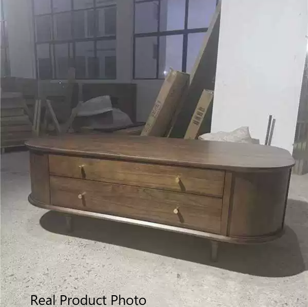 Traditional Vintage Rubberwood Ash Veneer Elongated Oval Coffee Table With 2 Drawers For Living Room