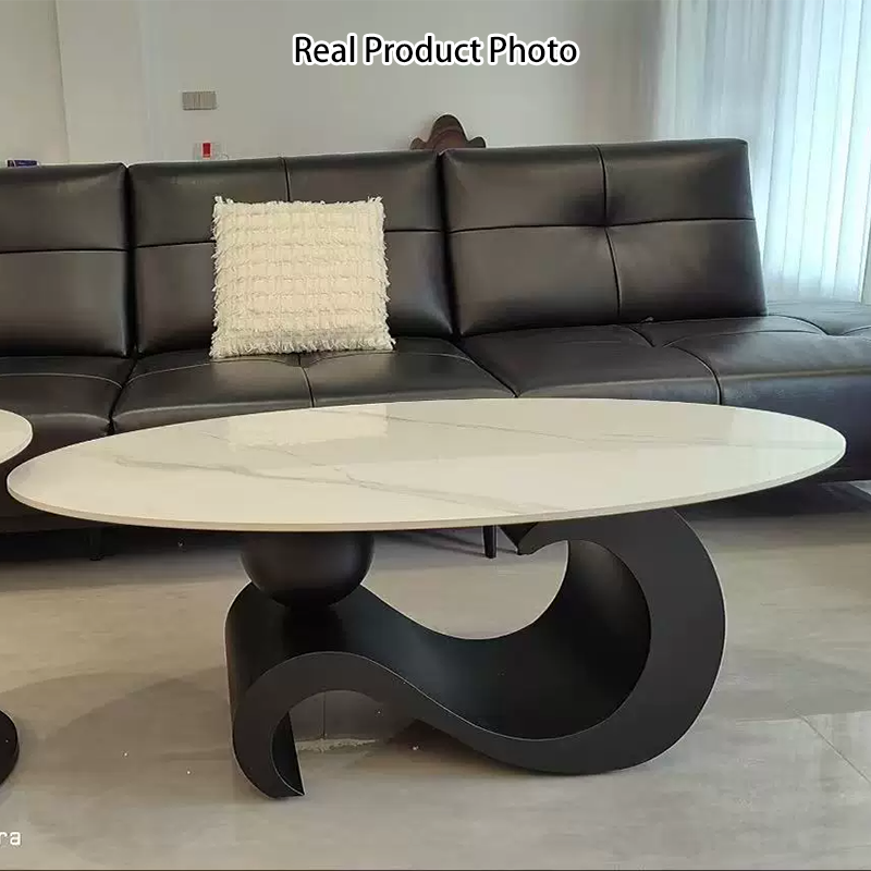 Modern Minimalist Ellipse Stone Slab Iron Coffee Table For Living Room