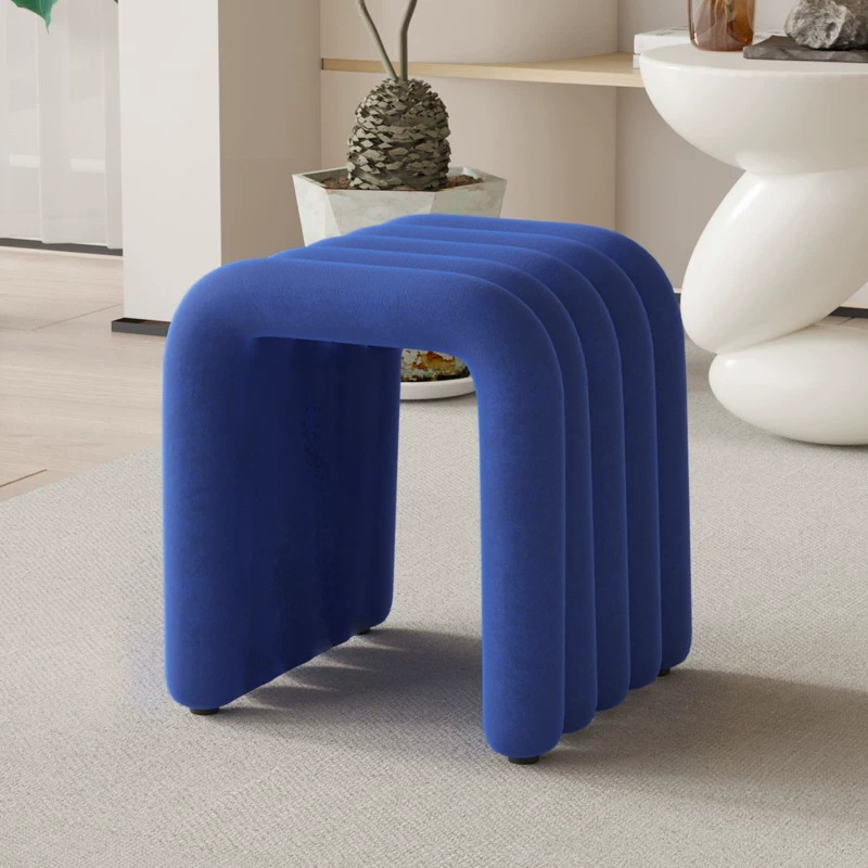 Contemporary Creative Arch Design Teddy Fleece Velvet Fabric Plywood Vanity Stool Backless Armless For Bedroom