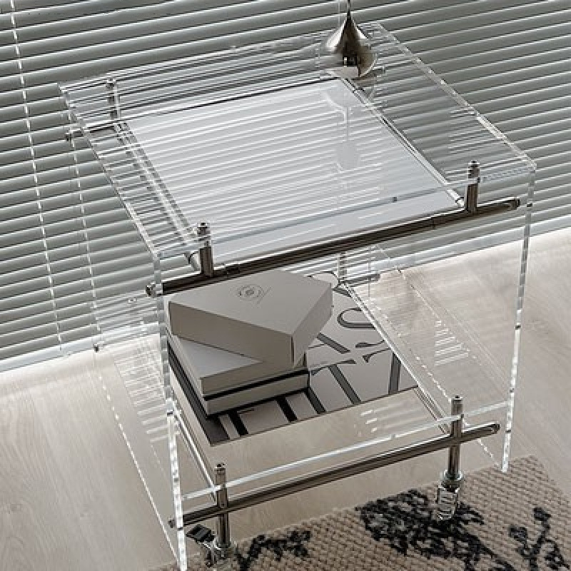 Mesa Auxiliar Rectangular Moderna Minimalista de Acrílico y Acero Inoxidable con 2 Niveles para Sala de Estar 