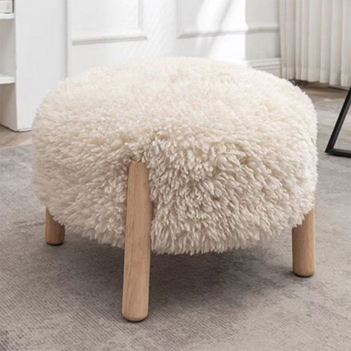 Contemporary Scandinavian Sherpa Fabric Solid Wood Round Low Stool For Entryway &amp; Living Room