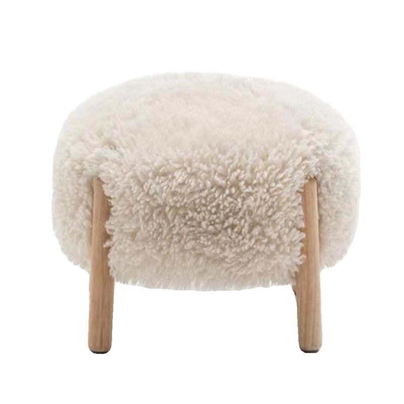 Contemporary Scandinavian Sherpa Fabric Solid Wood Round Low Stool For Entryway &amp; Living Room