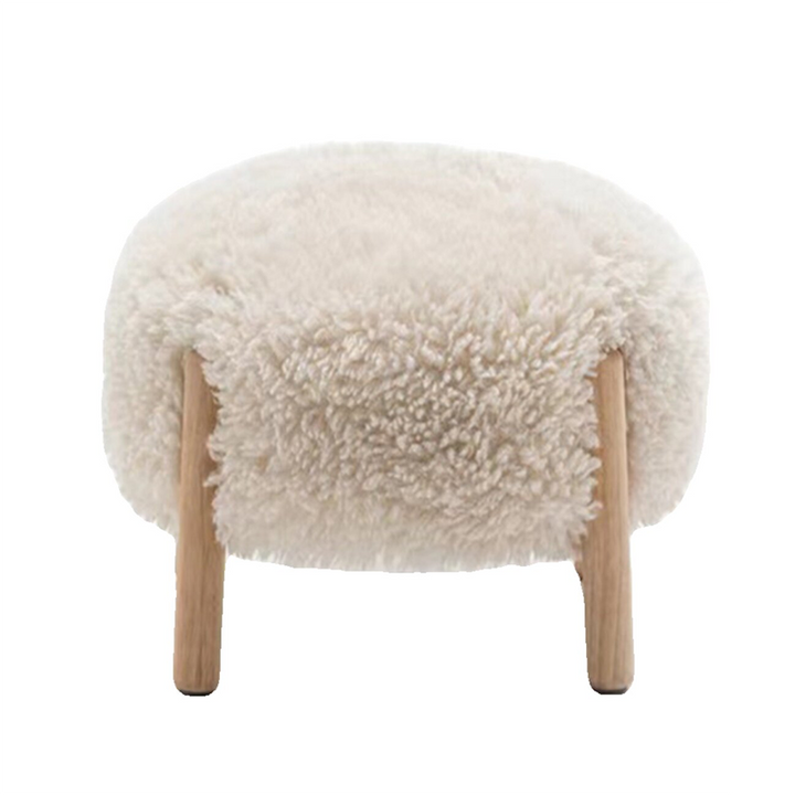 Contemporary Scandinavian Sherpa Fabric Solid Wood Round Low Stool For Entryway &amp; Living Room
