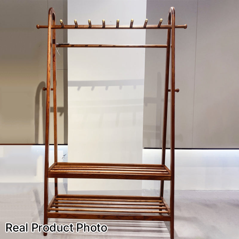 Traditional Chinese Solid Ash Wood Garment Rack - Brass Accent Coat Stand With Double Tier Slatted Storage Shelves For Bedroom &amp; Entryway