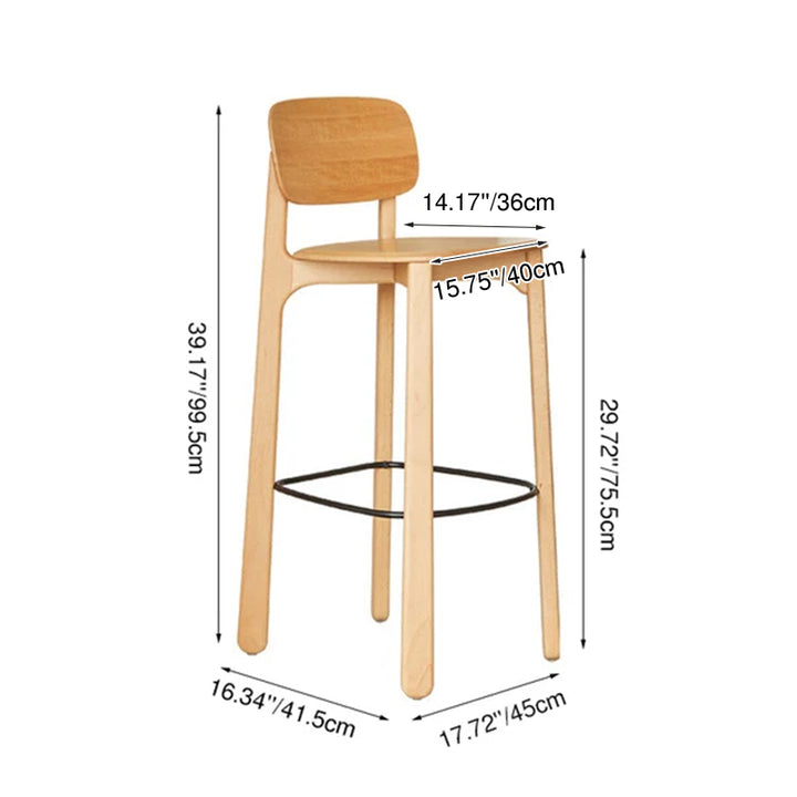 Scandinavian Beech Wood Bar Stool - Curved Backrest Steel Footrest Counter Stool For Dining Room &amp; Kitchen