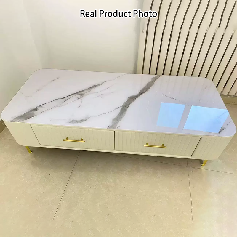 Table basse rectangulaire rayée contemporaine scandinave en cuir PU et acier inoxydable avec 2 tiroirs pour salon 