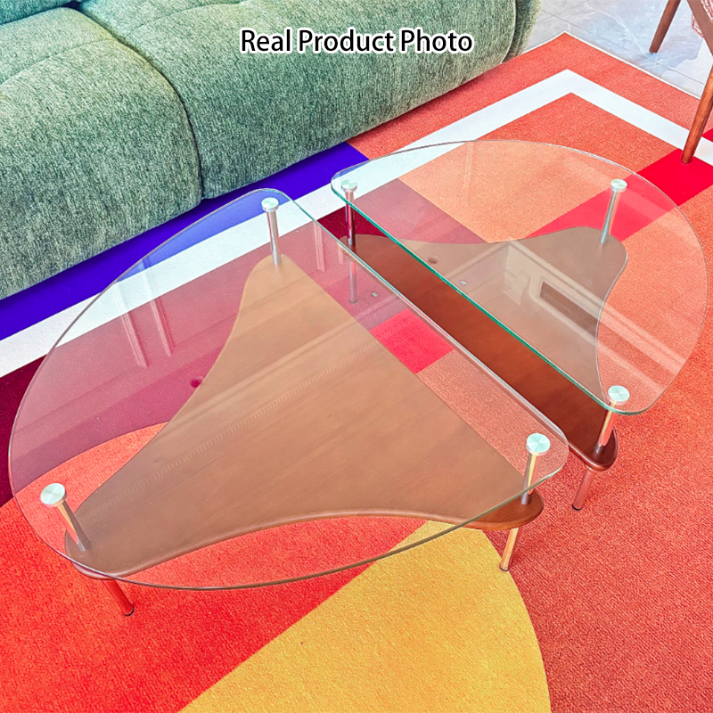 Modern Luxury Semi-Circular Tempered Glass Rubberwood Stainless Steel Coffee Table 2-Tier For Living Room
