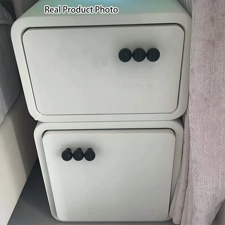 Mesita de noche contemporánea nórdica rectangular con esquinas redondeadas de cuero de microfibra y losa de roca con 2 cajones para dormitorio 