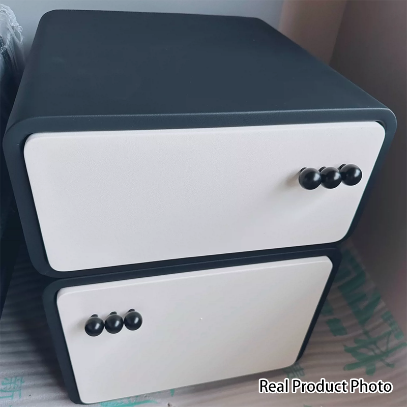 Mesita de noche contemporánea nórdica rectangular con esquinas redondeadas de cuero de microfibra y losa de roca con 2 cajones para dormitorio 