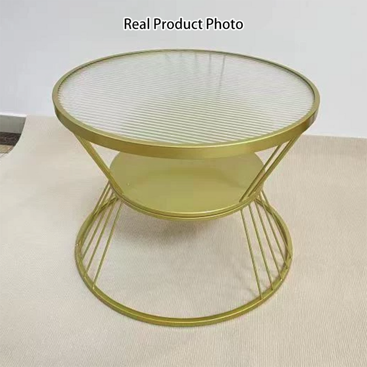 Modern Minimalist Round Hourglass Shape Glass Iron Coffee Table 2-Tier For Living Room