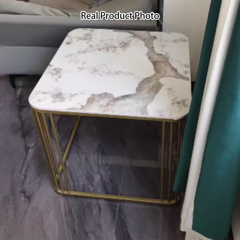 Modern Minimalist Square Rock Slab Iron Coffee Table For Living Room