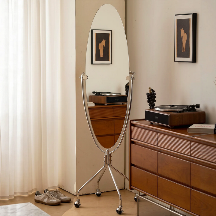 Modern Mid-Century Stainless Steel Glass Oval Full Length Floor Mirror With Rolling Swivel Coat Rack For Bedroom & Living Room