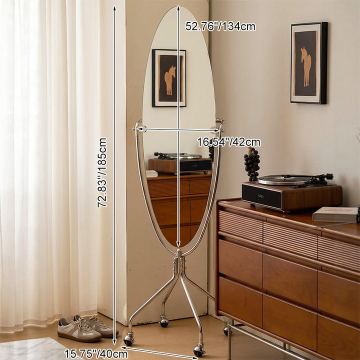 Modern Mid-Century Stainless Steel Glass Oval Full Length Floor Mirror With Rolling Swivel Coat Rack For Bedroom & Living Room
