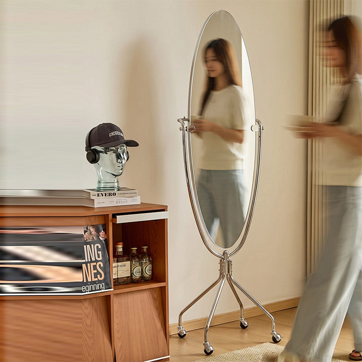 Modern Mid-Century Stainless Steel Glass Oval Full Length Floor Mirror With Rolling Swivel Coat Rack For Bedroom & Living Room