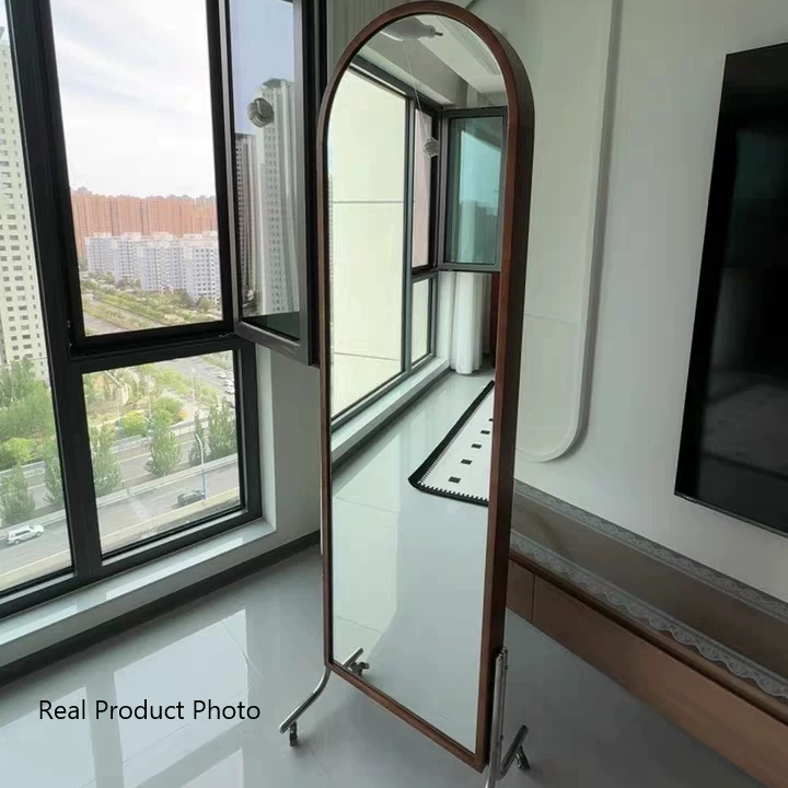 Moderne Mid-Century Regal aus Gummibaum-Massivholz, Sperrholz und Edelstahl Ellipsenform mit 360° drehbarem Ganzkörperspiegel für das Wohnzimmer 