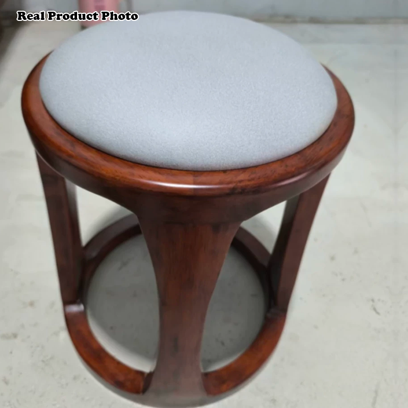 Taburete bajo redondo de madera de caucho, tela sintética de estilo chino tradicional y polipiel napa para salón y dormitorio 