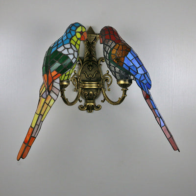 Tiffany Pastoral Double-Headed Parrot Stained Glass 2-Light Wall Sconce Lamp