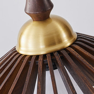 Traditional Japanese Umbrella Ash Wood Copper 1-Light Pendant Light For Bedroom