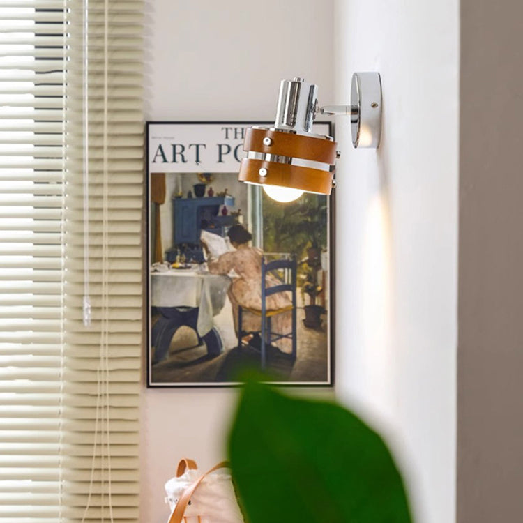 Lampe murale 1 lumière en fer et bois avec base cylindrique vintage traditionnelle pour chambre 