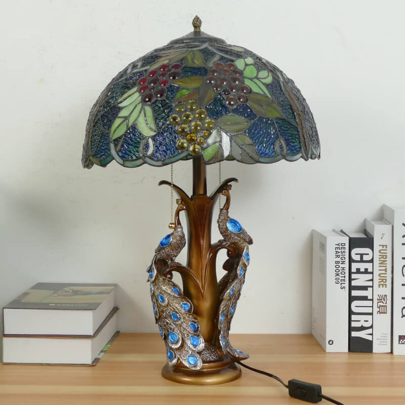 Traditional Tiffany Stained Glass Resin Dome Peacock Base 2-Light Table Lamp For Bedroom