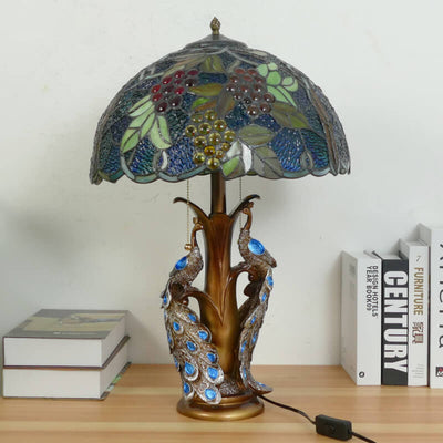 Vintage Tiffany Stained Glass Dome Peacock Base 2-Light Table Lamp