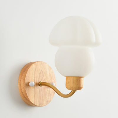 Contemporary Nordic Iron Wood PVC Mushroom 1-Light Wall Sconce Lamp For Bedside
