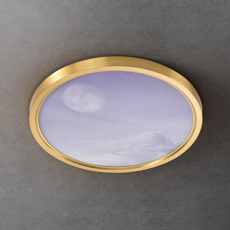 Moderne Einfachheit Vollkupfer Blauer Himmel Wolken Design Runder Acrylschirm LED Deckenleuchte für Wohnzimmer 
