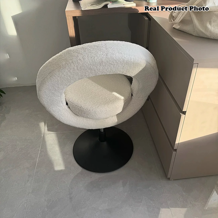 Modern Minimalist Round Lamb Fleece Carbon Steel Height Adjustable Foldable 360°Swivel Vanity Stool Backless Armless For Bedroom