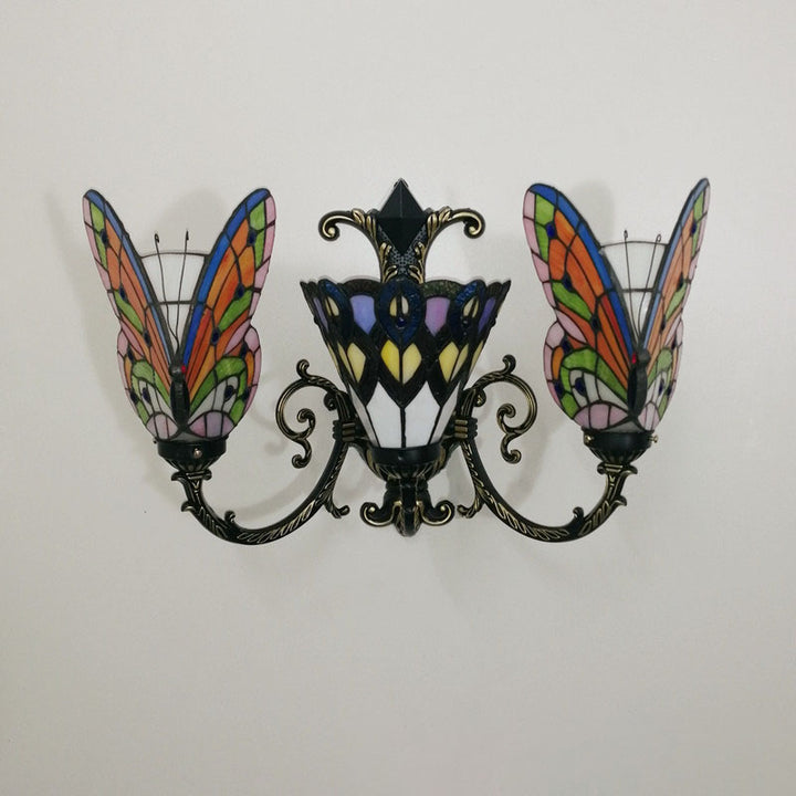 Traditional Tiffany European Butterfly Alloy Iron Glass 3-Light Wall Sconce Lamp For Hallway