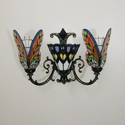 Traditional Tiffany European Butterfly Stained Glass 3-Light Wall Sconce Lamp For Hallway