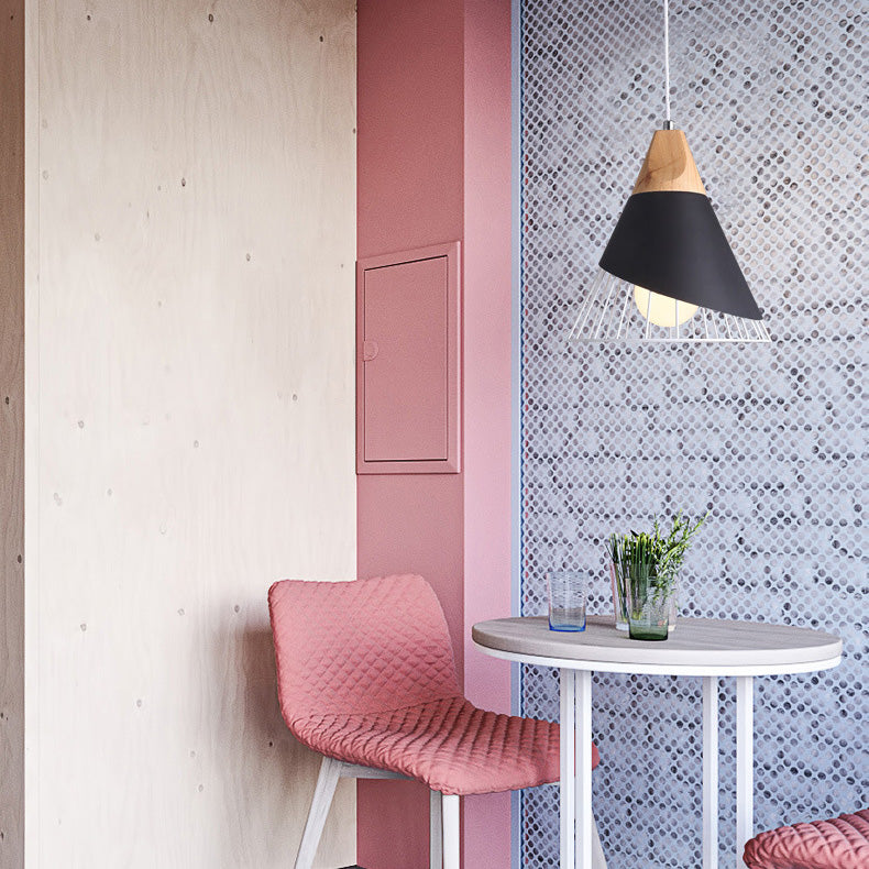 Moderne minimalistische konische Massivholz Eisen 1-Licht Pendelleuchte für Wohnzimmer 