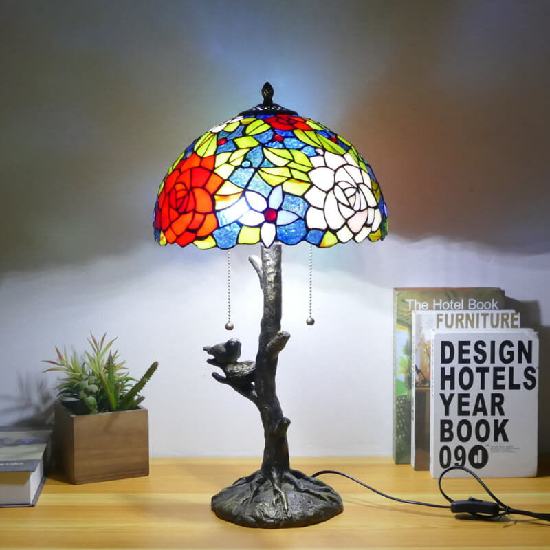 Traditional Tiffany Dragonfly Flower Stained Glass Bird Base 2-Light Table Lamp For Bedroom