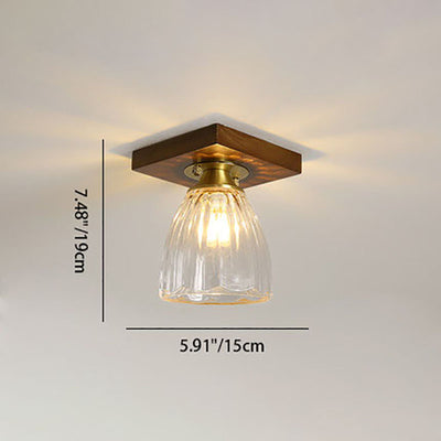Modern Transitional Glass Cup Shape Solid Wood 1-Light Semi-Flush Mount Ceiling Light For Living Room