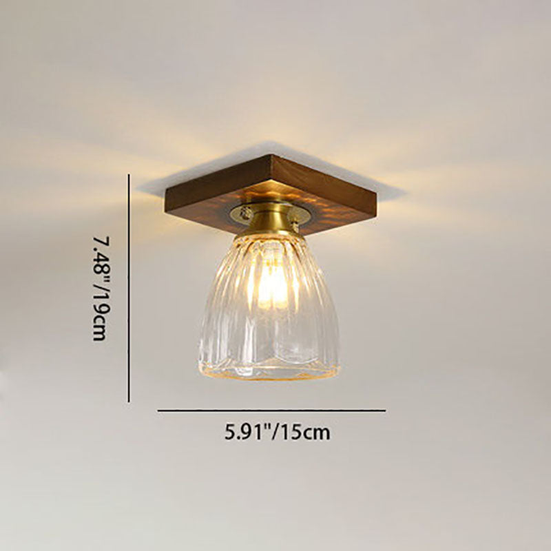 Modern Transitional Glass Cup Shape Solid Wood 1-Light Semi-Flush Mount Ceiling Light For Living Room