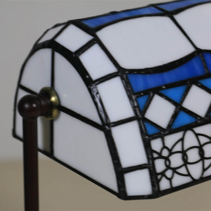 Traditional Tiffany Geometric Stained Glass Bank Pull Cord 1-Light Table Lamp For Home Office