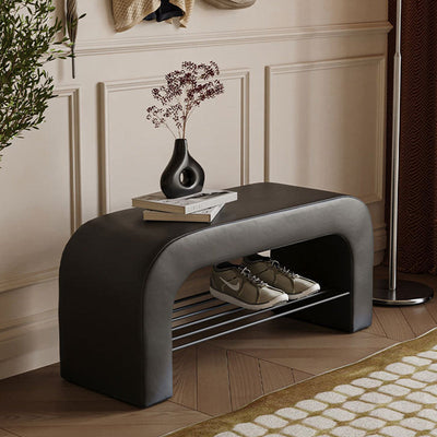 Banc de rangement moderne minimaliste en agneau rectangulaire long en cuir PU avec fer, 1 étagère pour les entrées 