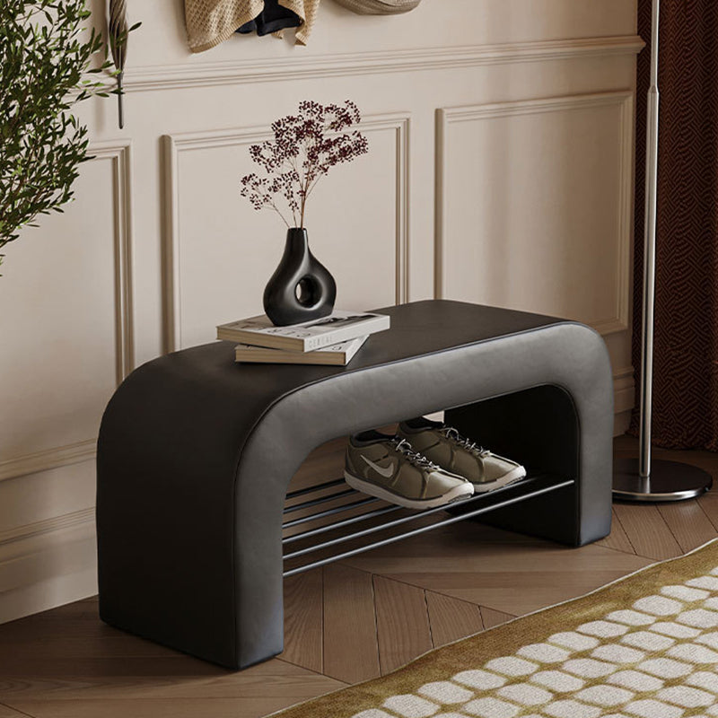Banc de rangement moderne minimaliste en agneau rectangulaire long en cuir PU avec fer, 1 étagère pour les entrées 