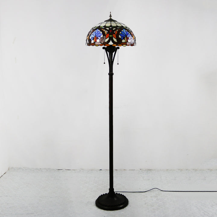 Lampe de sol traditionnelle Tiffany en résine avec dôme semi-circulaire en verre, motif de vache et fleur en diamant à 2 lumières pour salle à manger 