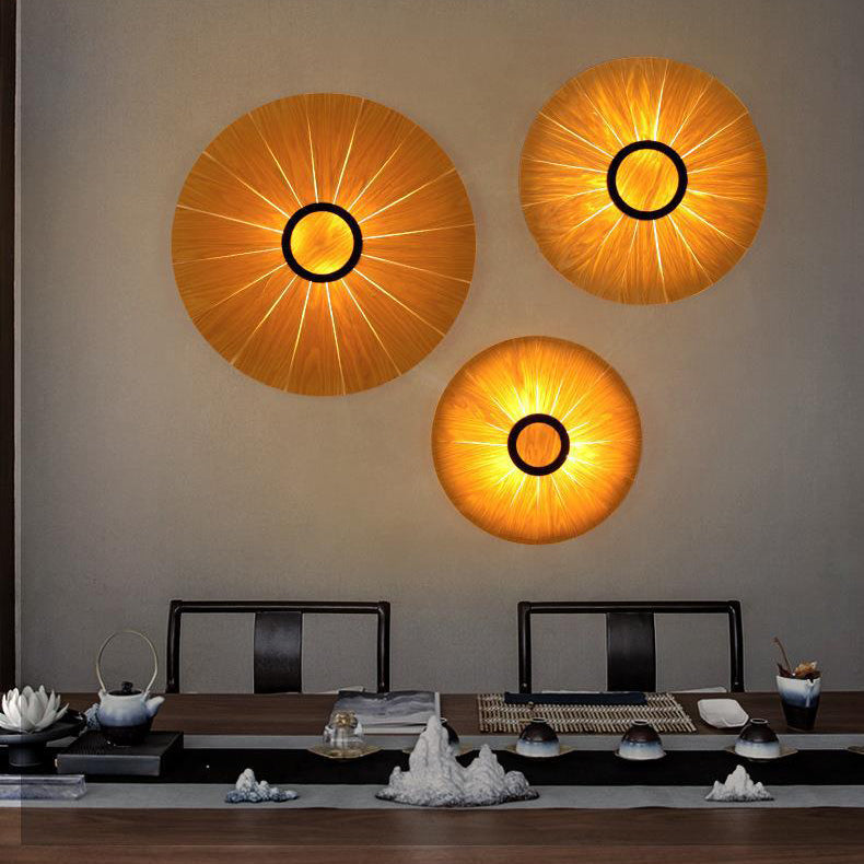 Traditional Vintage Round Disc Wood Veneer 1-Light Wall Sconce Lamp For Dining Room