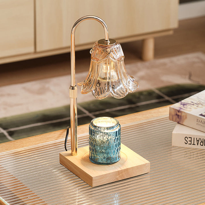 Modern Art Deco Floral Glass Metal Wood 1-Light Melting Wax Table Lamp For Bedroom