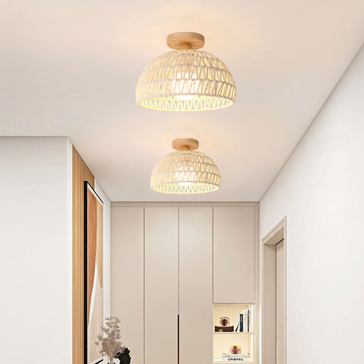 Traditional Japanese Half Round Solid Wood Rattan 1-Light Semi-Flush Mount Ceiling Light For Living Room