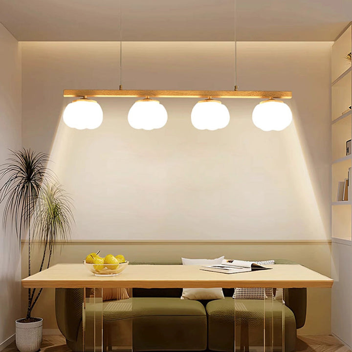 Traditioneller Inselleuchter mit 4 Leuchten aus Eisen und Kunststoff in japanischer Holzoptik mit Baumwollschirm für das Wohnzimmer 